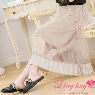 【lingling】絨布接紗七分百褶圓裙PA3335(氣質杏膚)