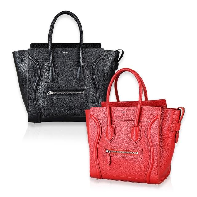 CELINE【CELINE】CELINE MICRO LUGGAGE經典燙銀LOGO小牛皮拉鍊手提囧包(紅)