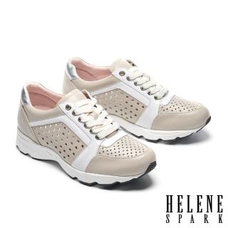 【HELENE SPARK】時尚運動風打洞牛皮綁帶厚底休閒鞋(米)