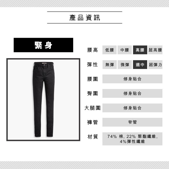 【LEVIS】女款 721 高腰緊身窄管牛仔長褲/四向彈性延展/黑色基本款/黑皮牌 熱賣單品 18882-0233