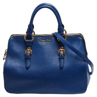 【MIU MIU】經典MADRAS系列山羊皮雙袋拉鍊手提/肩背包(矢車菊藍RL0060-MADRAS-COBALTO)
