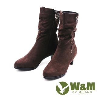 【W&M】秋冬時尚摩登水鑽麂皮中筒靴 女鞋(鐵灰)