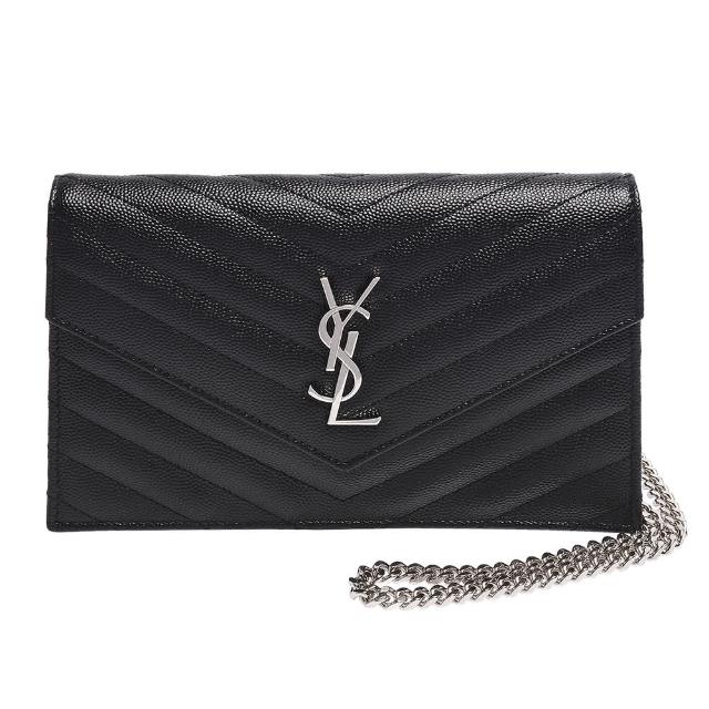 【YSL】MONOGRAM系列V字縫線魚子醬牛皮金屬LOGO銀鍊肩背信封包(黑393953-BOW02-1000)