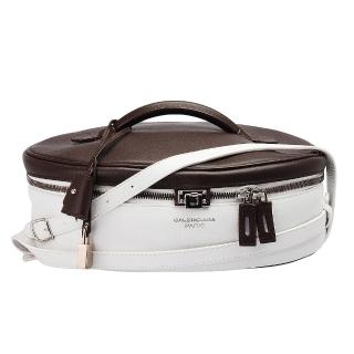 【Balenciaga 巴黎世家】橢圓造形小牛皮銀色鎖釦手提/斜背包(咖啡X白319797-2303)