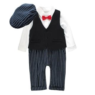 【Baby 童衣】任選 吊帶假兩件背心紳士連身衣含帽子 3件套 60309(藍條紋)