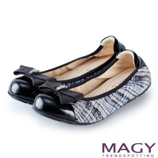 【MAGY】甜美舒適 蝴蝶結鬆緊帶牛皮娃娃鞋(毛呢藍)