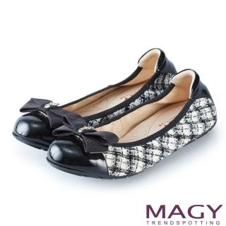 【MAGY】甜美舒適 蝴蝶結鬆緊帶牛皮娃娃鞋(毛呢黑)