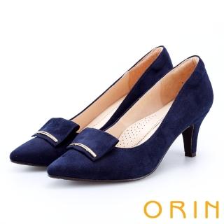 【ORIN】優雅大女人 細金屬條飾絨布質感高跟鞋(藍色)