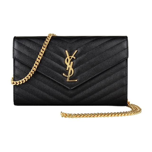 【YSL】YSL MONOGRAM金字LOGO V字紋荔枝牛皮扣式鏈帶斜背包(黑)