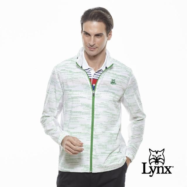 【Lynx Golf】男款吸濕排汗點點印花可收納連帽長袖外套(白色)