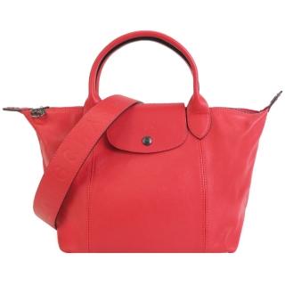 【LONGCHAMP】Le Pliage Cuir 小羊皮寬背帶短把折疊小型水餃包(小/紅)