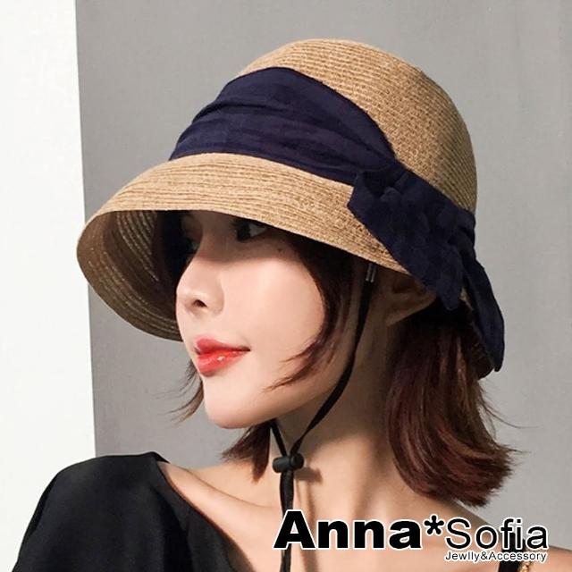 【AnnaSofia】防曬遮陽寬簷淑女草帽盆帽漁夫帽-日系綁結隱格布 小翻簷(深藍綁帶系)