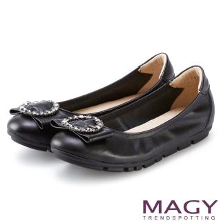 【MAGY】造型鑽飾鬆緊帶牛皮娃娃鞋(黑色)