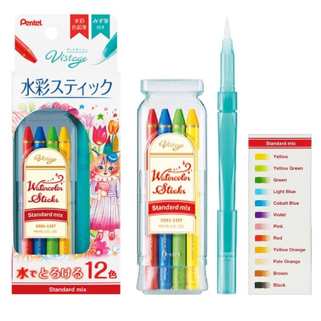 【Pentel 飛龍】GSS1-12ST Vistage sticks 12色水溶性色鉛筆(附水筆)