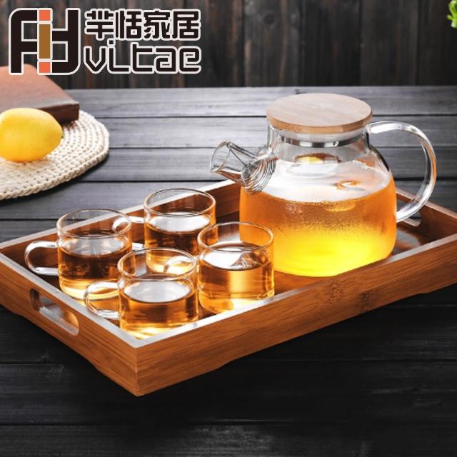 【Fit Vitae羋恬家居】中式竹蓋晶透玻璃茶壺組(一壺四杯)