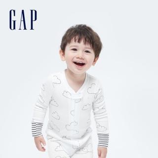 【GAP】嬰兒 布萊納系列 童趣印花長袖包屁衣/連身衣(546572-光感白)