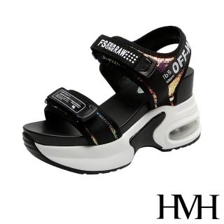 【HMH】璀璨亮片拼接英文印字織帶時尚氣墊內增高運動風涼鞋(黑)
