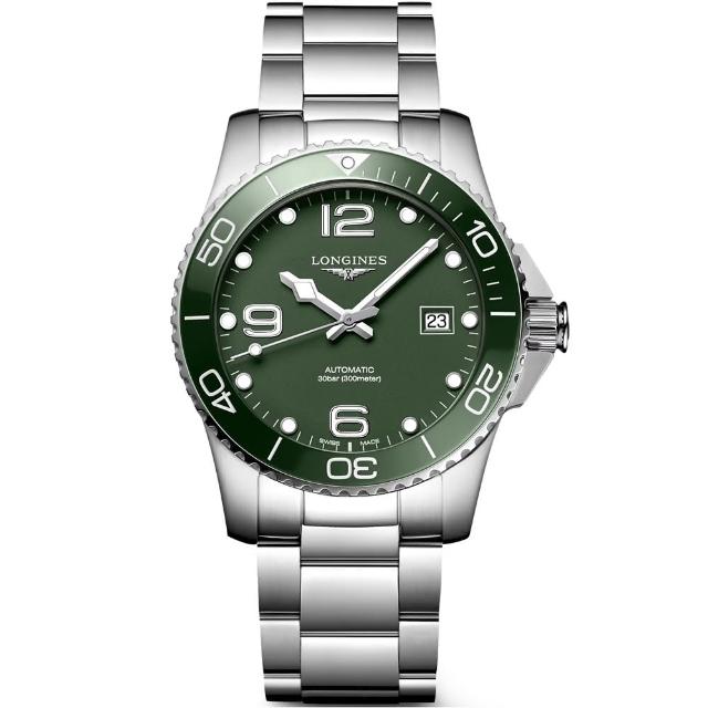 【LONGINES 浪琴】深海征服者浪鬼陶瓷潛水機械錶-綠x銀/41mm(L37814066)