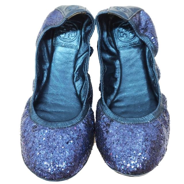 【TORY BURCH】41118506 亮片造型牛皮飾邊平底娃娃鞋(藍色)