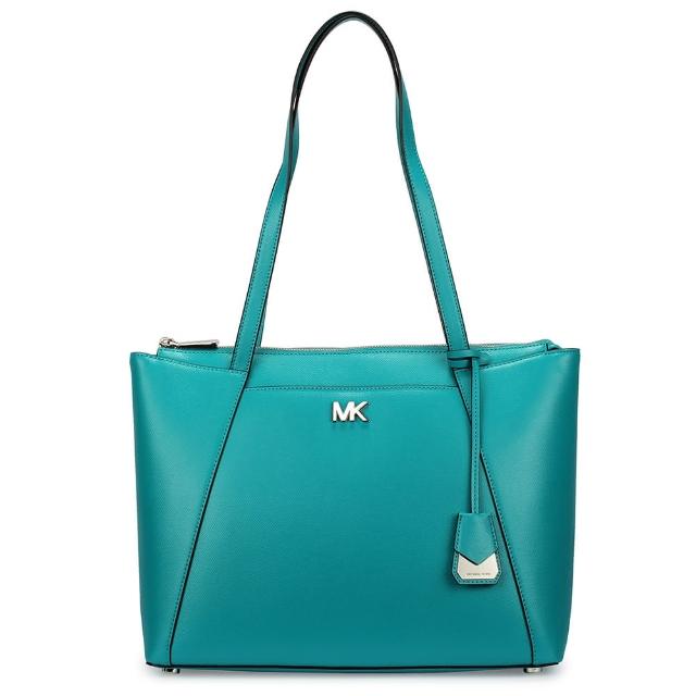 【Michael Kors】Maddie 金LOGO素面防刮皮革前口袋肩背托特包(中/藍綠色)