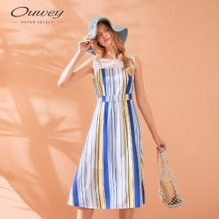 【OUWEY 歐薇】夏日撞色條紋蕾絲拼接無袖洋裝(藍)