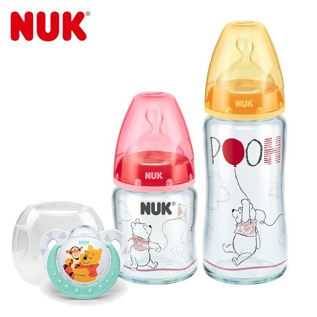 【NUK】迪士尼寬口玻璃奶瓶120ml+240ml+迪士尼安睡型矽膠安撫奶嘴1入(顏色隨機出貨)