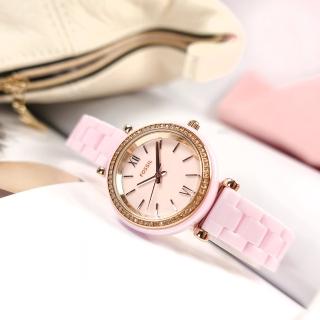 【FOSSIL】Carlie 細緻典雅 晶鑽錶圈 陶瓷手錶 粉x玫瑰金框 30mm(CE1106)