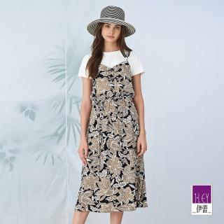 【ILEY 伊蕾】夏日印花假兩件休閒洋裝(黑)