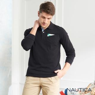 【NAUTICA】經典素面口袋長袖POLO衫(黑色)