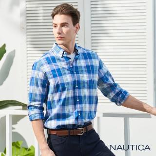 【NAUTICA】經典中格紋長袖襯衫(藍格)