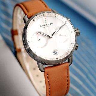 【Nordgreen】ND手錶 先鋒 Pioneer 42mm 深空灰殼×白面 復古棕純素皮革錶帶(PI42GMVEBRXX)