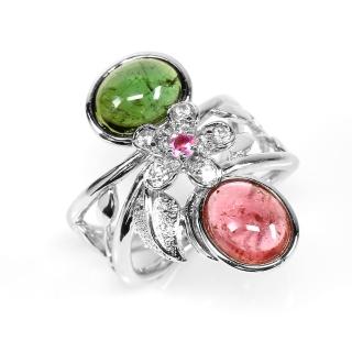 【寶石方塊】紅情綠意天然碧璽戒指-925銀飾