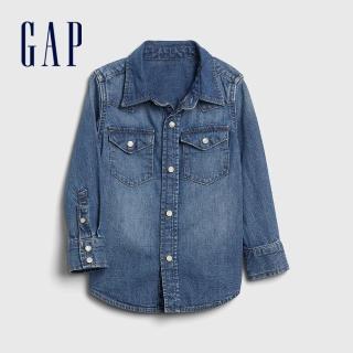 【GAP】男幼童 時尚水洗翻領青年布長袖襯衫(600587-水洗藍)