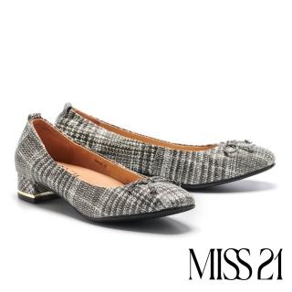 【MISS 21】舒適優雅蝴蝶結設計全真皮方頭低跟鞋(格紋)