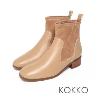【KOKKO 集團】時髦方頭拼接牛皮彈力粗跟襪靴(奶茶色)