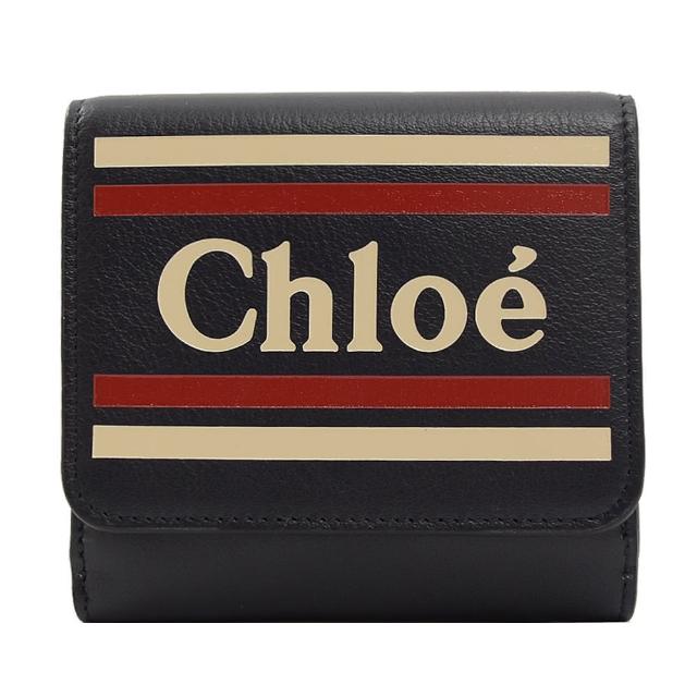 Chloe’ 蔻依【Chloe’ 蔻依】品牌LOGO條紋小牛皮雙面零錢短夾(深藍)