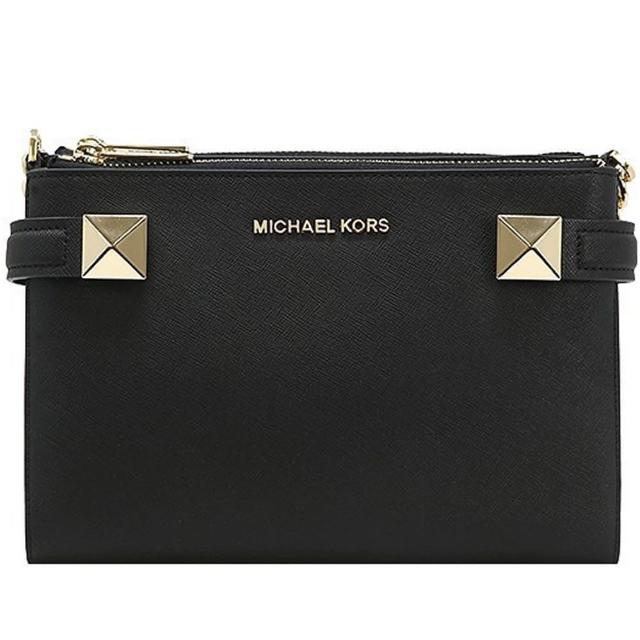 【Michael Kors】KARLA黑色鉚釘防刮皮革雙層拉鍊斜背包