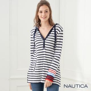 【NAUTICA】女裝V型領口長版條紋連帽T恤(藍白條紋)