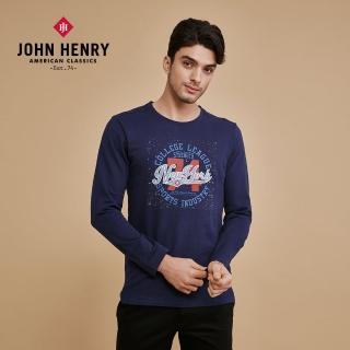 【JOHN HENRY】純棉復古噴墨文字設計長袖-藍