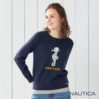 【NAUTICA】女裝海馬圖騰長袖針織衣(深藍)