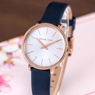 【Michael Kors】公司貨 璀璨晶鑽簡約時尚皮革腕錶/藍x白面(MK2804)