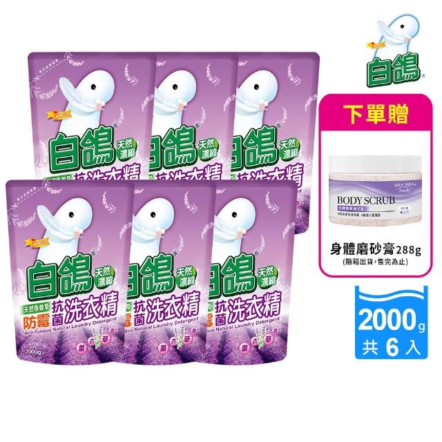 【白鴿】天然抗菌洗衣精補充包x6+贈身體去角質磨砂膏288g(多款任選)