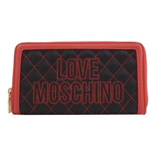 【MOSCHINO】LOVE MOSCHINO 刺繡菱格紋拉鍊發財長夾(黑紅)