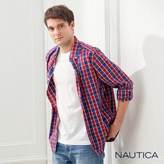 【NAUTICA】經典休閒格紋長袖襯衫(紅藍格)