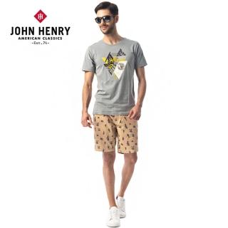 【JOHN HENRY】幾何拼接印花短袖T恤-灰