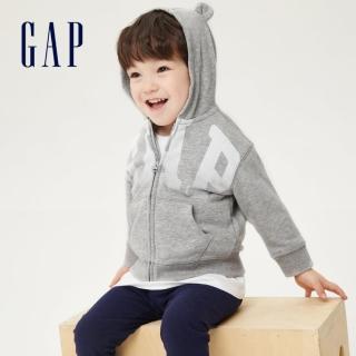 【GAP】嬰兒 碳素軟磨 法式圈織系列 Logo熊耳連帽外套(682870-淺灰色)
