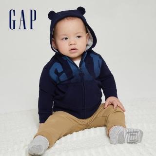 【GAP】嬰兒 碳素軟磨 法式圈織系列 Logo熊耳連帽外套(682870-海軍藍)