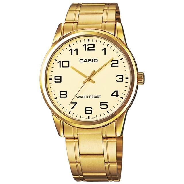 【CASIO 卡西歐】紳士經典 復古時尚 數字刻度 不鏽鋼手錶 金色 38mm(MTP-V001G-9B)