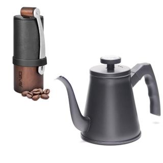 【MILA】鶴嘴不鏽鋼手沖壺750ml-附溫度計+Driver 精鋼迷你磨豆機(超值優惠組)