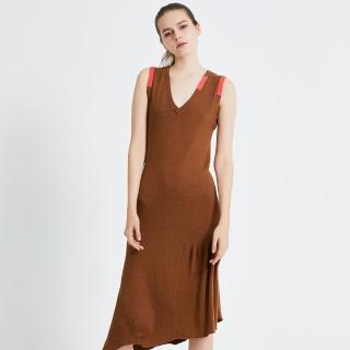【SHOKAY】香頓女士氂牛絨V領無袖撞色長裙-褐/橙紅(AW-DR-NL_SN_SA)